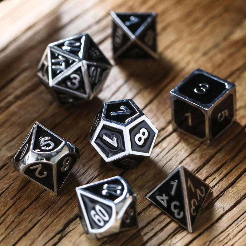 7 Die Metal Polyhedral Dice Set DND Role Playing Game Dice Set with Storage Bag for RPG Dungeons and Dragons D&D Math Teaching Shiny Silver and Black - BeesActive Australia