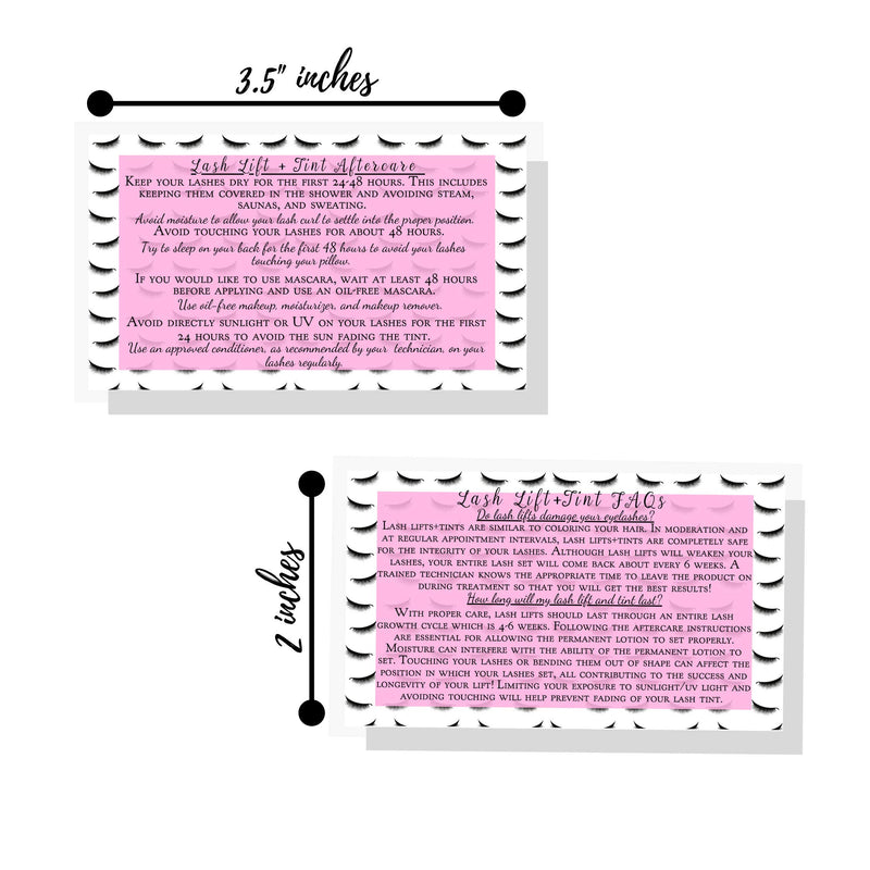 Lash Lift + Tint Aftercare Instruction Cards | 50 Pack | 2 x 3.5” inches Business Card Size | Eyelash Lift and Tint Kit at Home DIY aftercare Supplies | Lash Print with Pink Inlay Design - BeesActive Australia