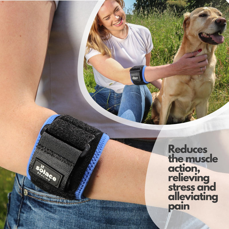 Solace Bracing Antibacterial Tennis Elbow Support (3 Colours) - British Made & NHS Supplied Tennis Elbow Brace w/Compression Strap - #1 for Tennis & Golfer's Elbow Tendonitis - Black/Blue Trim - S Small Black / Blue Trim - BeesActive Australia