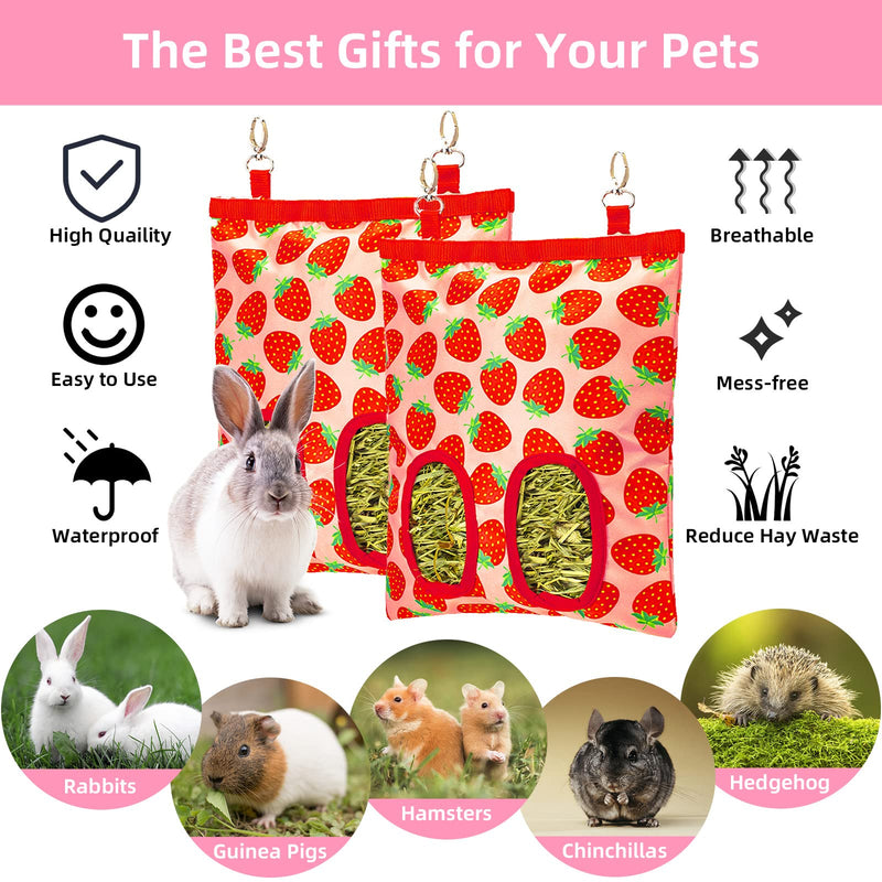 Rabbit Hay Feeder for Cage, Upgraded Hanging Guinea Pig Hay Feeder Bag for Rabbits Bunny Chinchilla Hamster with 3 Hooks, Mess Free Small Animals Grass Holder, 9.8x11.4Inch, 2 Reinforced Holes Strawberry - BeesActive Australia