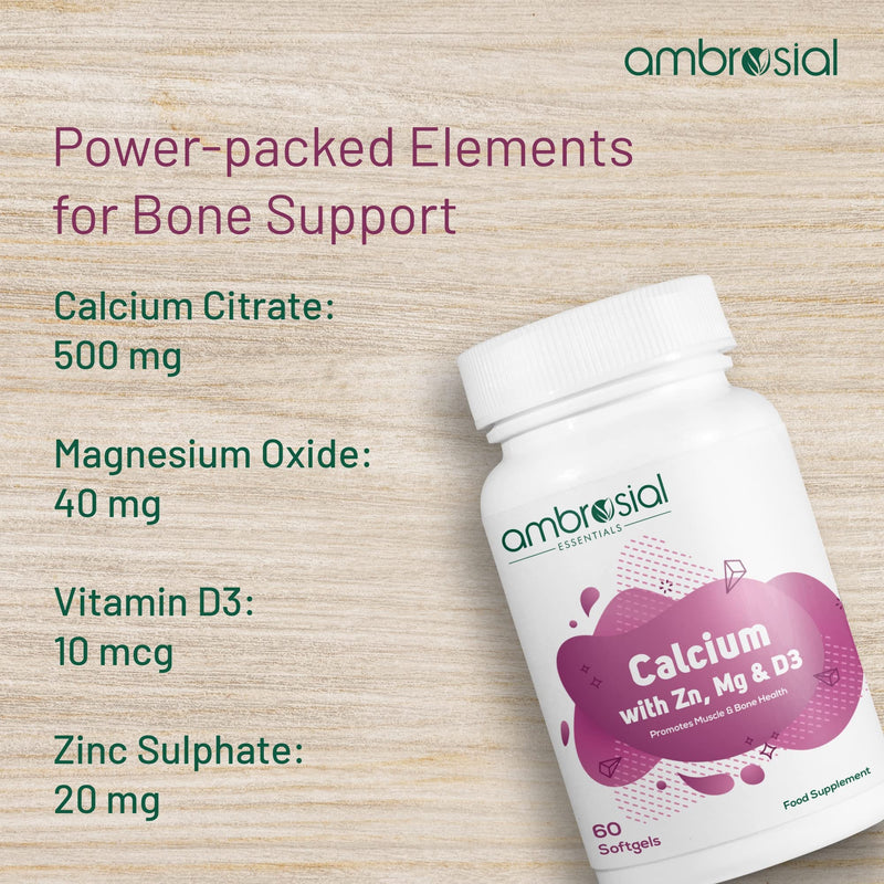 Ambrosial Calcium Magnesium Zinc & Vitamin D High Potency Calcium Supplement for Bone Health, Muscles & Teeth | Highly Bioavailable Calcium Citrate Formula | Calcium Tablets 60 Softgels 60 count (Pack of 1) - BeesActive Australia