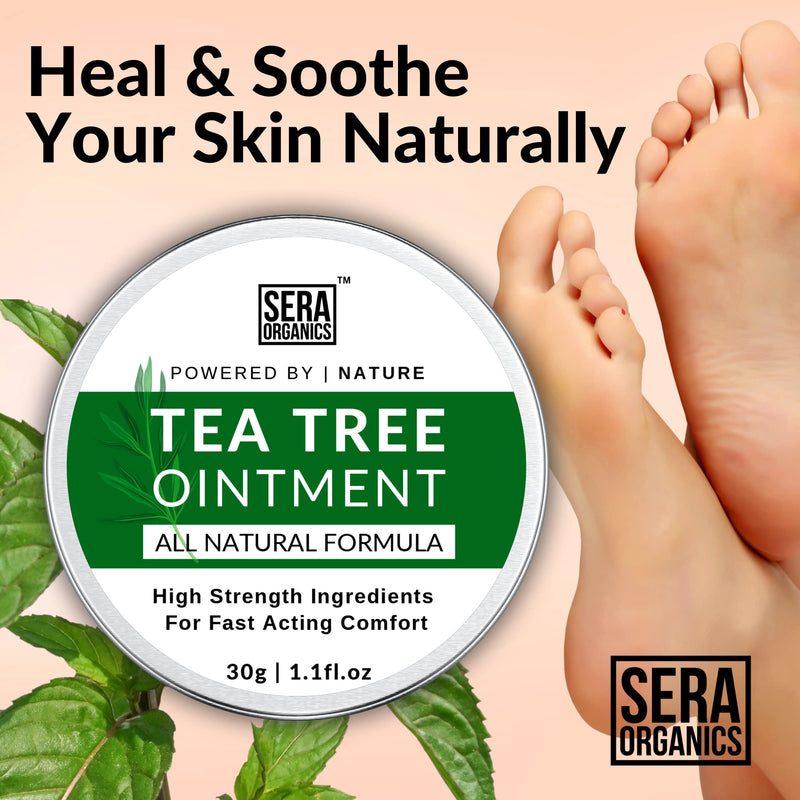 Tea Tree Ointment - Skin Soothing & Moisturising, For Nail Infections, Athletes Foot, Cracked Heels, 100% Natural Ingredients, Beeswax, Shea Butter & Essential Oils - Made In UK By Sera Organics (30g) 30 g (Pack of 1) - BeesActive Australia