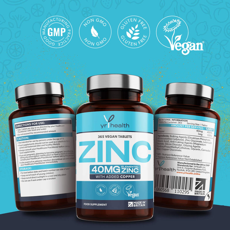 Vegan Zinc Tablets High Strength 40mg - 365 Premium Zinc Gluconate Tablets - Zinc Supplements, 12 Month's Supply - Zinc and Copper Supplement - Zinc 40mg - Made in The UK by YrHealth - BeesActive Australia