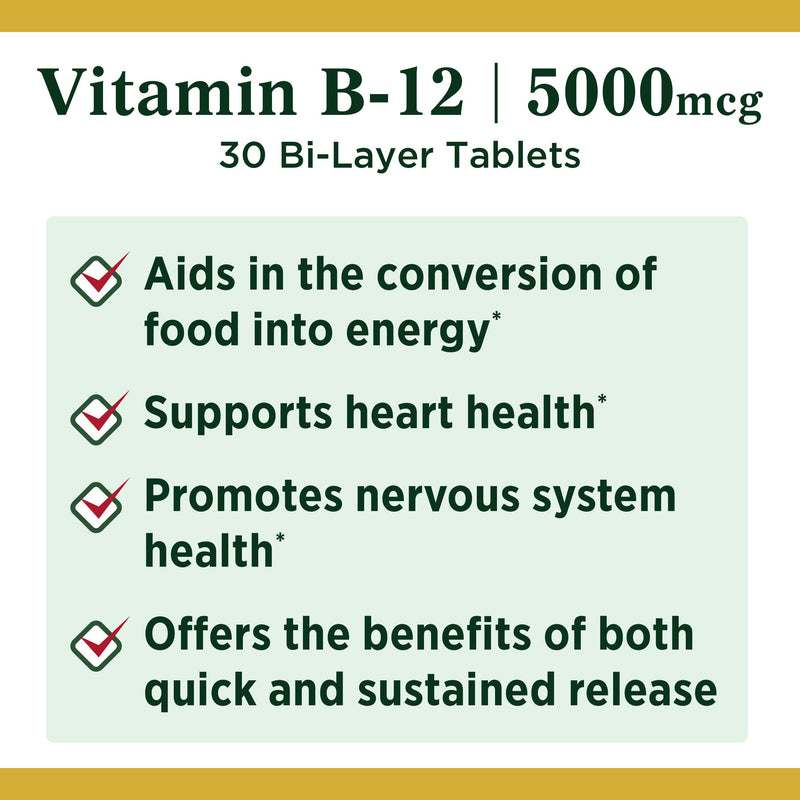 Nature’s Bounty Dual Spectrum Vitamin B-12 Bi-Layer Supplement: Half Quick Release and Half Extended Release, Supports Metabolism and Nervous System Health, 5000mcg, 30 Tablets - BeesActive Australia