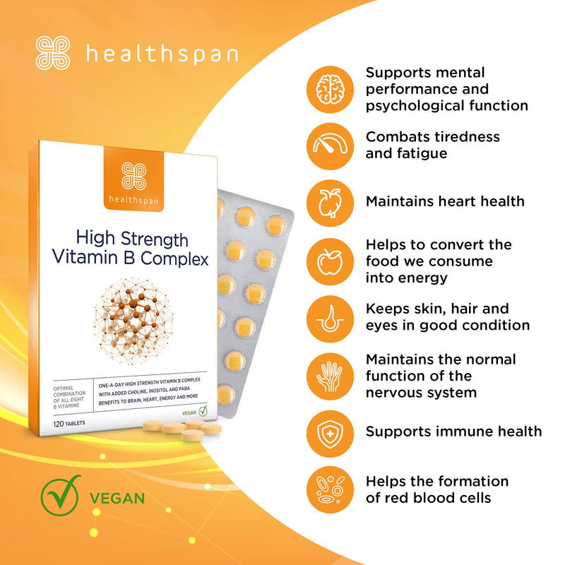 Healthspan High Strength Vitamin B Complex (120 Tablets) | High Levels of All 8 B-Complex Vitamins | Supports Brain & Heart Health | Immune Health | Reduces Tiredness & Fatigue | with Choline | Vegan - BeesActive Australia