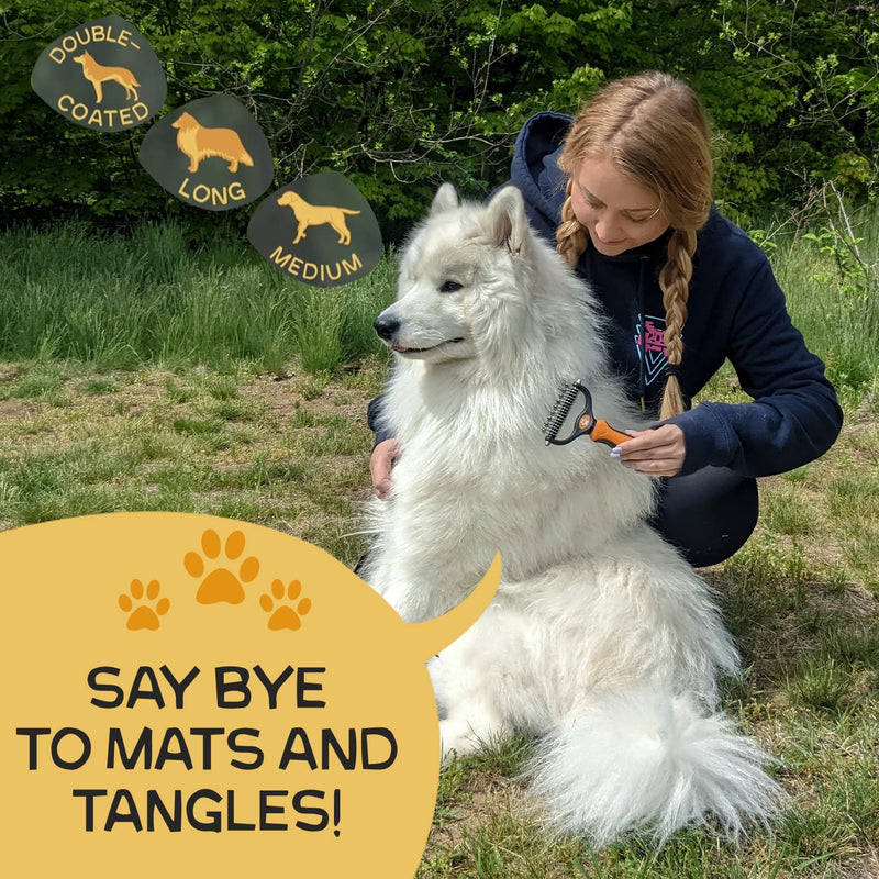 Pret & Lively 2 in 1 Pet hair Dematting Tool, Tough Mats and Tangles, Undercoat Rake Comb, Dogs, Cats, Rabbits, & All Hairy Pets, Holiday Gift, Professional Grooming Brush For Deshedding, Extra Wide Orange - BeesActive Australia