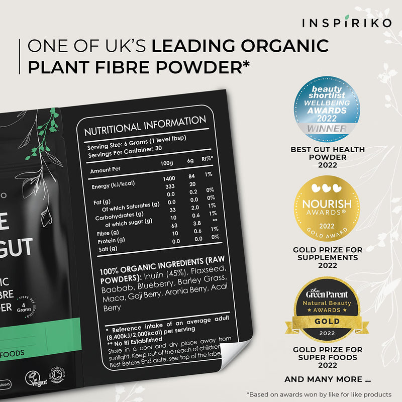 Organic Prebiotic Fibre Supplement - Award Winning Gut Health Supplement with 9 High Fiber Superfoods - High in Soluble Fibre Powder, Prebiotics & Insoluble Fibre. 180 Grams. by Inspiriko - BeesActive Australia