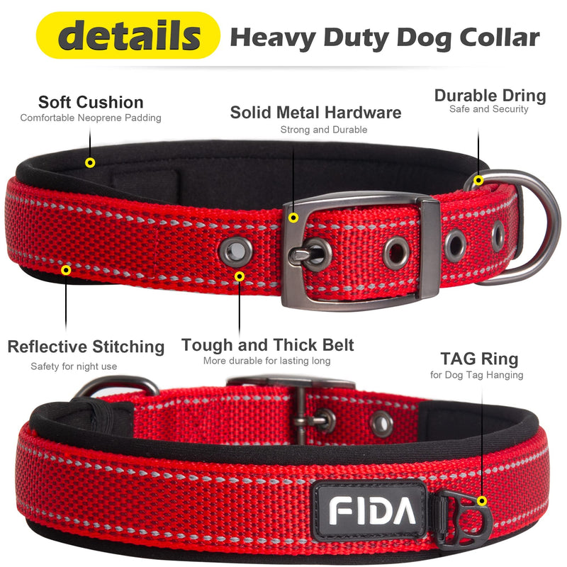 Fida Heavy Duty Dog Collar, Ultra Comfortable Soft Neoprene Padded, Adjustable Reflective Nylon Pet Collar with Durable Metal Belt Buckle for Small/Medium/Large/X-Large Breeds Medium(14.5"-19") Red - BeesActive Australia