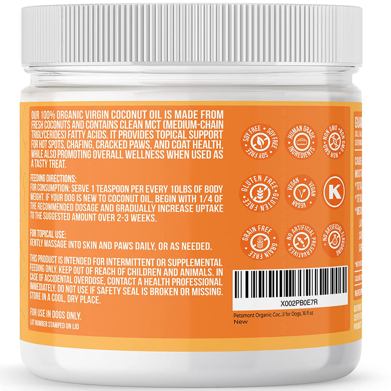 Petsmont Organic Coconut Oil for Dogs 16 fl oz - Skin and Coat Virgin Lotion Raw Certified Extra Superfood Supplement Anti Itch Hot Spot Treatment Dry on Elbows Nose Natural Digestive Immune Support - BeesActive Australia