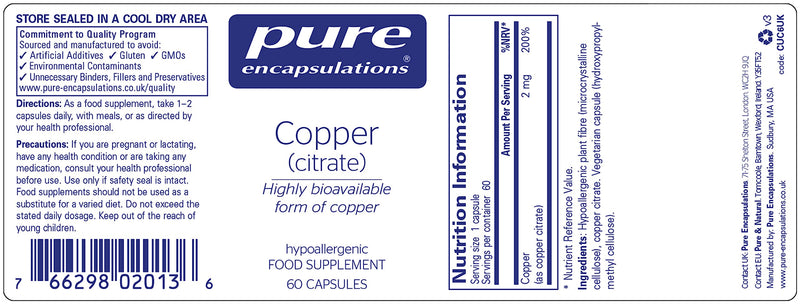 Pure Encapsulations - Copper (Citrate) - Highly Bioavailable Copper Supplement - 60 Vegetarian Capsules - BeesActive Australia