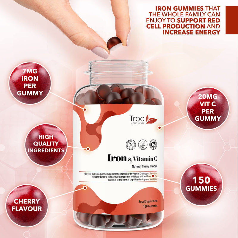 Iron & Vitamin C - 150 Natural Cherry Flavour Gummies - Tasty Chewable Supplement for Men, Women and Kids - Increased Absorption Supports Cognitive Development & Red Blood Cell Formation - BeesActive Australia
