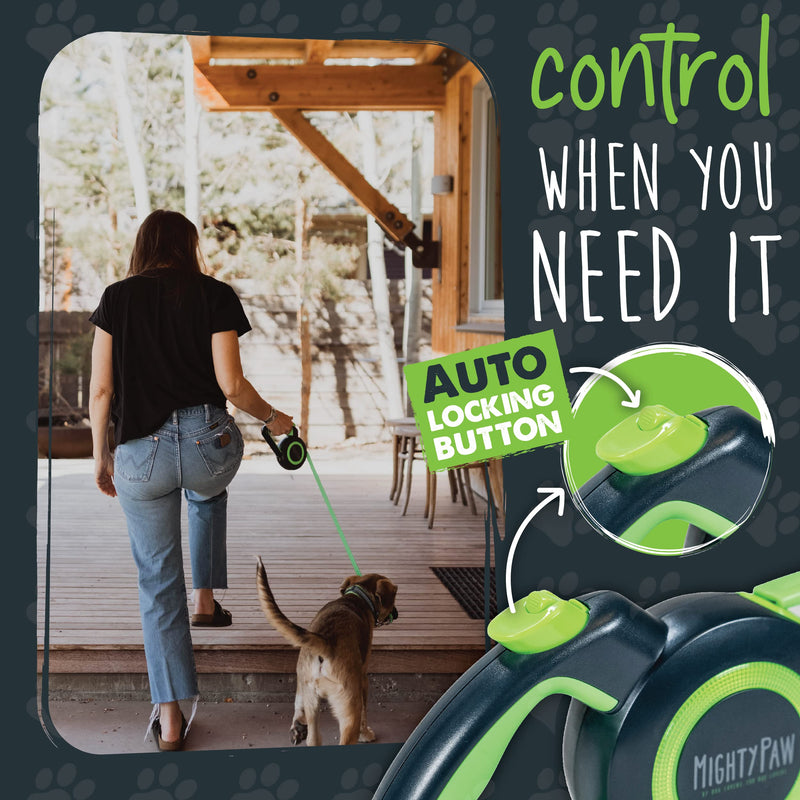 Mighty Paw Retractable Dog Leash 2.0 | 16’ Heavy Duty Reflective Nylon Tape Lead for Pets Up to 110 lbs. Tangle Free Design W/ One Touch Quick-Lock Braking System & Anti-Slip Handle Standard Green - BeesActive Australia