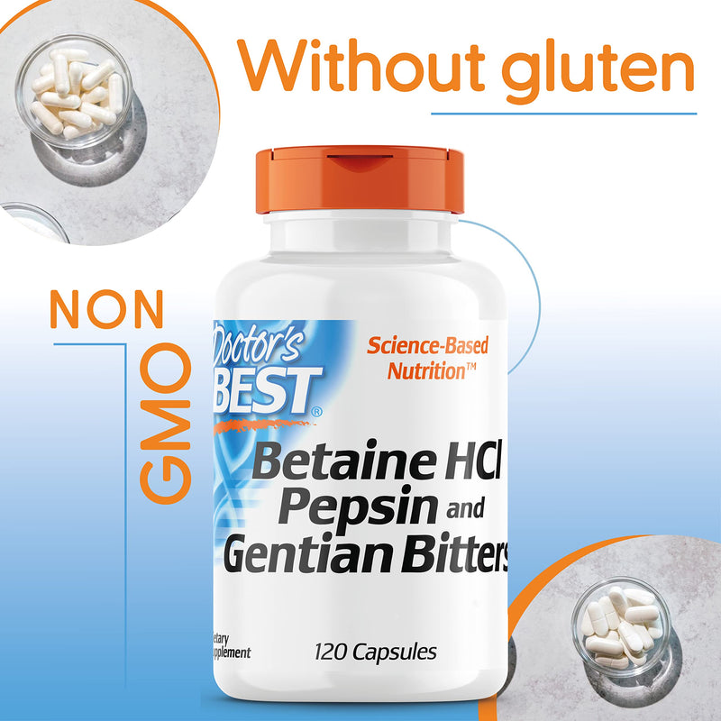 Doctor's Best, Betaine HCl (Betaine Hydrochloride) with Pepsin and Bitter Substances from Gentian, 650mg, 120 Soft Capsules, Highly Dosed, Laboratory-Tested, SOYA-Free, Gluten-Free, Non-GMO - BeesActive Australia
