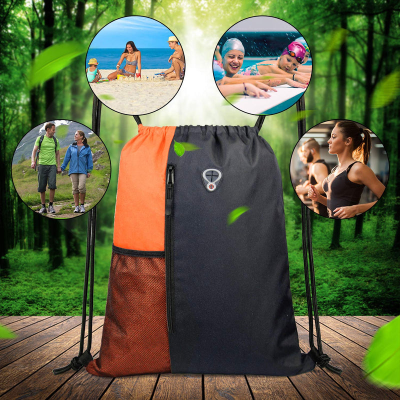 Drawstring Backpack Sports Gym Bag for Women Men Children Large Size with Zipper and Water Bottle Mesh Pockets Black/Oranage - BeesActive Australia