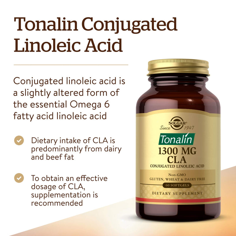 Solgar Tonalin CLA 1300 mg, 60 Softgels - Essential Omega-6 Fatty Acid - Derived from Non-GMO Safflower Seed Oil - Gluten Free, Dairy Free - 60 Servings 60 Count (Pack of 1) Frustration-free Packaging - BeesActive Australia