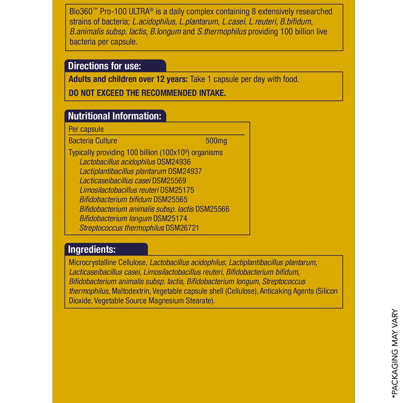 Natures Aid Bio360 Pro-100 Ultra (100 Billion Bacteria), from Natures Aid, 30 Capsules Bio360 Pro-100 Ultra 30 Capsules - BeesActive Australia