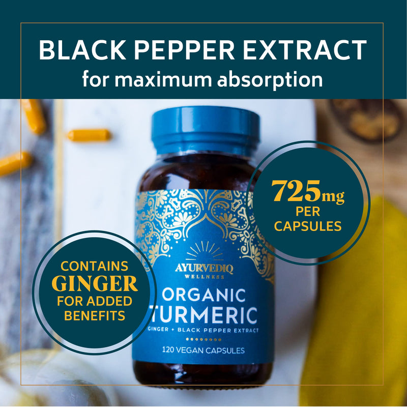 Ayurvediq Wellness, 120 caps Organic Turmeric Ginger and Black Pepper Capsules Curcumin capsules, Ginger Supplement, Ginger Capsules, Turmeric and Black Pepper Capsules, Gluten Free, Dairy Free, Vegan - BeesActive Australia