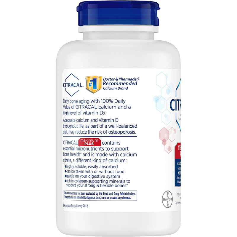 Citracal Maximum Plus Highly Soluble, Easily Digested, 630 mg Calcium Citrate With 1000 IU Vitamin D3, Bone Health Supplement for Adults, Caplets, 180 Count - BeesActive Australia