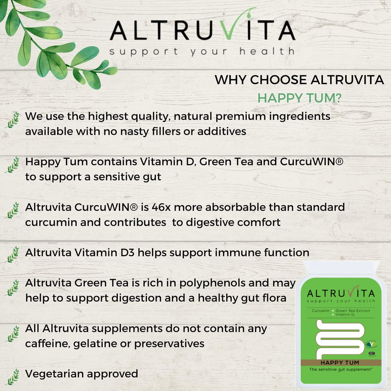 Altruvita Happy Tum | Vitamin D3, Curcumin & Green Tea | 60 Days Supply | Immune Support | Sensitive Gut Supplement | 60 Capsules | Vegetarian Approved - BeesActive Australia