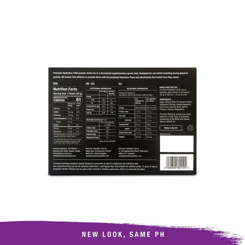 Precision Hydration Electrolyte Drink Mix- All Natural Multi Strength Electrolyte Powders - Combats Cramp - Gluten Free, Hypotonic (1 Box (8 Packets), 1500mg/l - Purple Packet) 1.5 g (Pack of 8) - BeesActive Australia