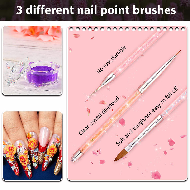 5 Pieces Acrylic Nail Art Brushes Set, 2 Pieces Nail Art Acrylic Liquid Powder Dappen Dish Glass Crystal Cup with Lid and 3 Pieces Nail Art Design Painting Dotting Brushes Pen with Diamond Handle - BeesActive Australia