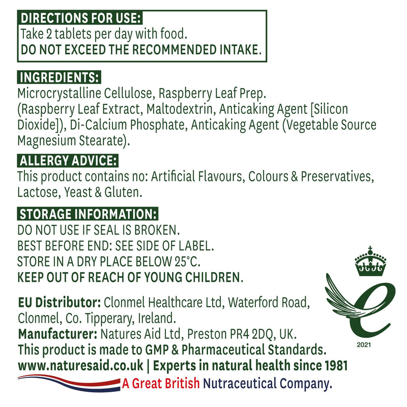 Natures Aid Raspberry Leaf, High Potency, Equivalent to 750 mg Dried Raspberry Leaf, Vegan, 60 Tablets - BeesActive Australia