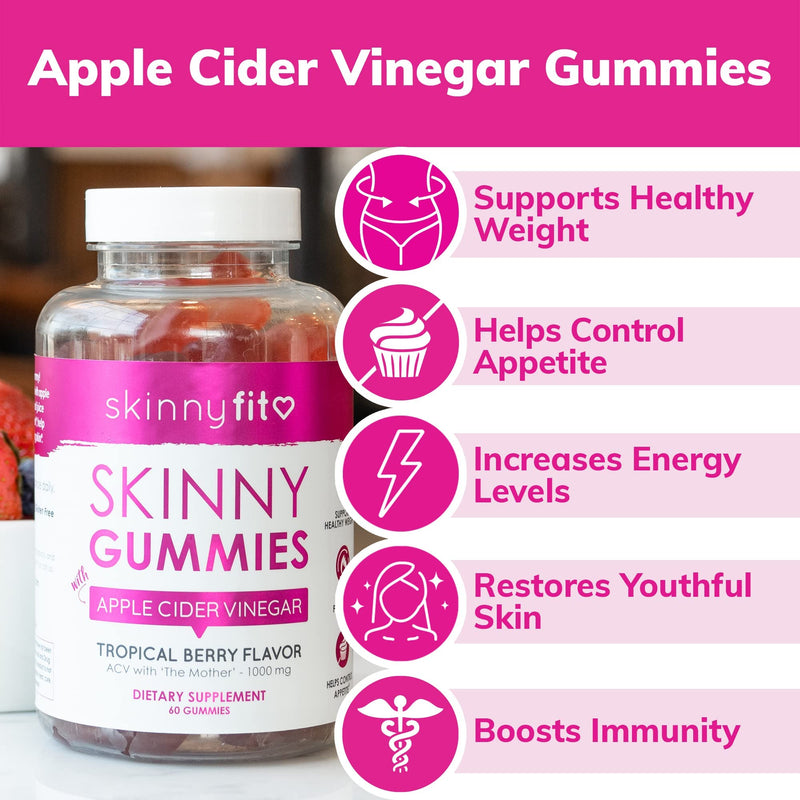 SkinnyFit Skinny Gummies Apple Cider Vinegar Gummies w/ The Mother, Healthy Weight, Immune Support, Vitamin B9, B12, Beetroot, Pomegranate, Vegan-Friendly, 60 Count - BeesActive Australia