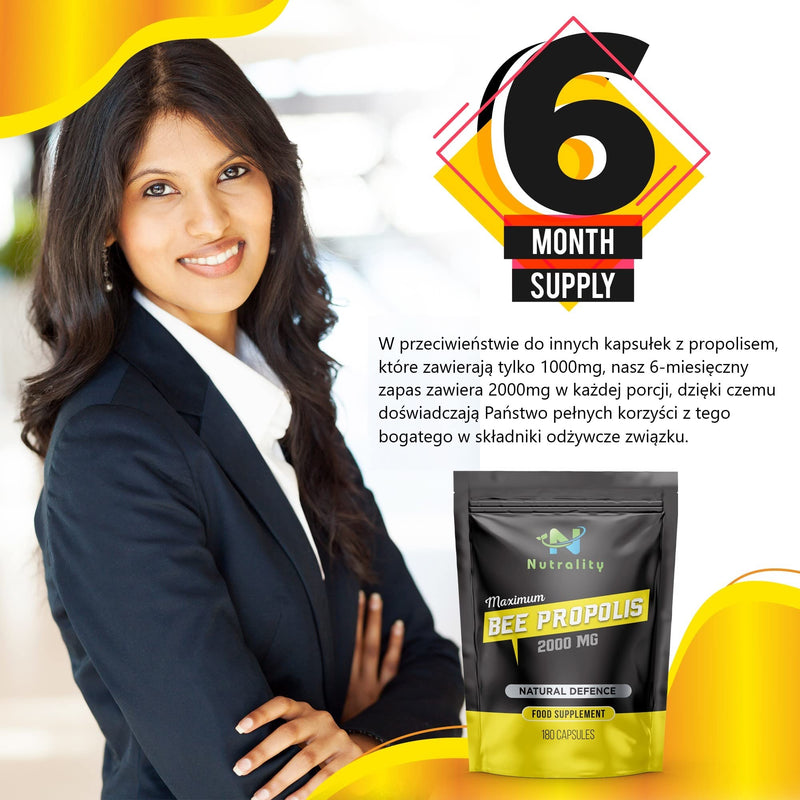 Nutrality Bee Propolis 2000mg - 180 Maximum Strength Capsules (6-Month Serving) - High in Antioxidants for Immune System Support - Natural Antibiotic, 100% Vegetarian, Allergen Free Supplement - BeesActive Australia