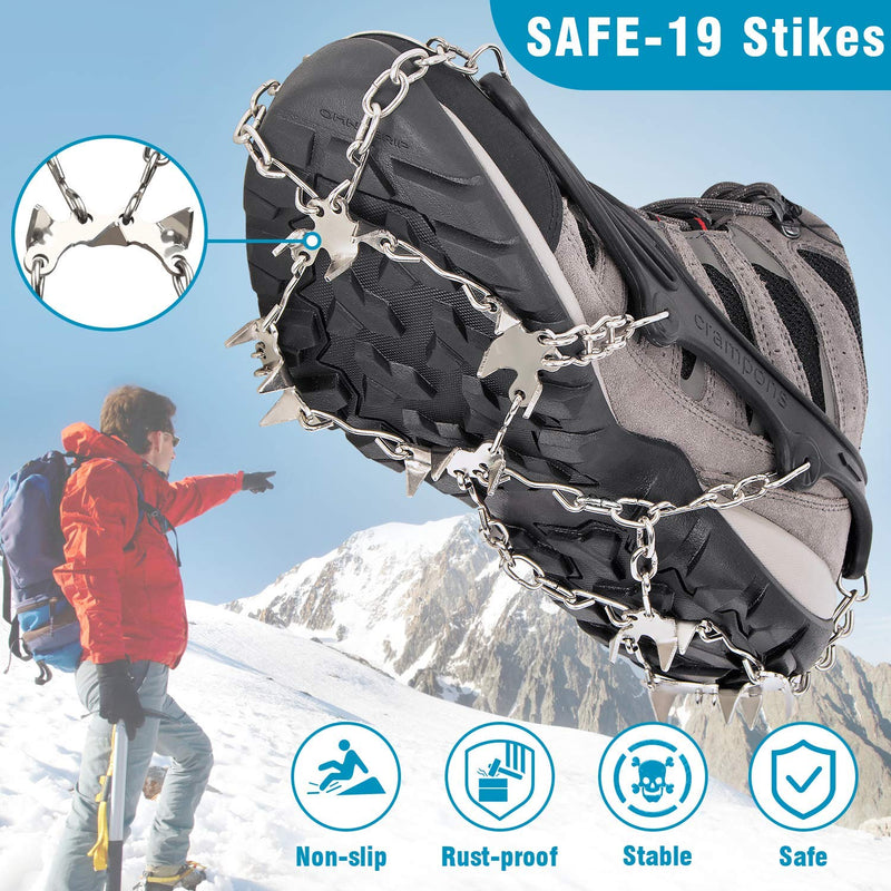 Greatever Crampons for Hiking Boots, Ice Cleats Traction Snow Grips for Boots Shoes, Microspikes Anti Slip 19 Stainless Steel Spikes Safe Protect for Hiking Fishing Walking Climbing Mountaineering Black Medium - BeesActive Australia