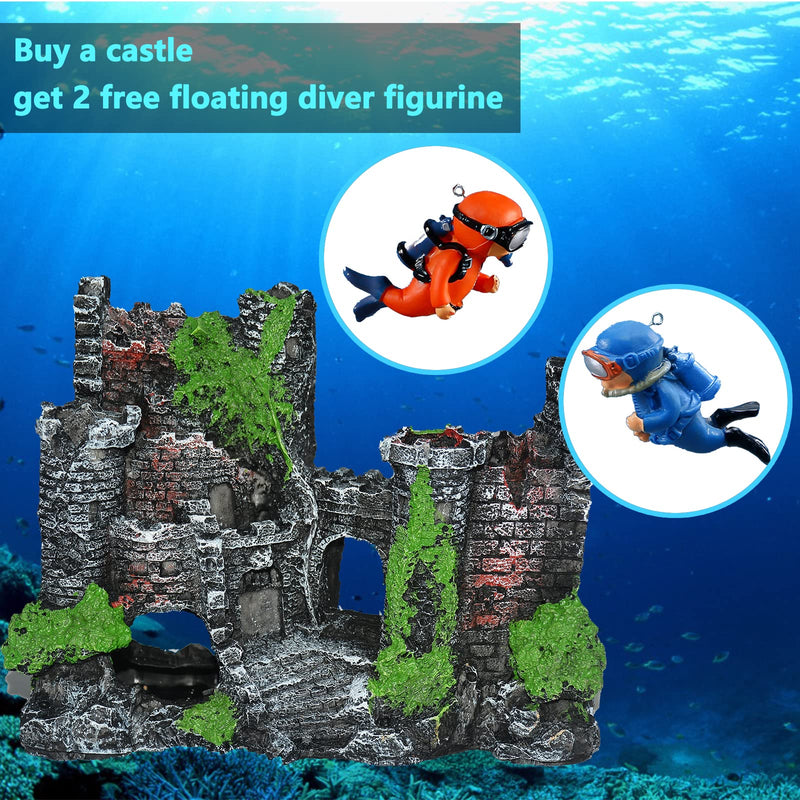 Set Including Castle,Submarine,Sunken Ship,Conch & Mushroom House and 2 Diver Floating Figure for Saltwater Fish Tank Aquarium Resin Ornament Decoration Castle+2Diver - BeesActive Australia