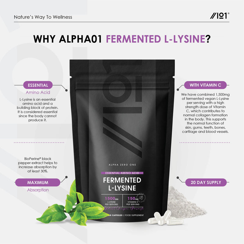 Fermented L-Lysine 1500mg with BioPerine� - Made with Vitamin C - High Strength - Raw, Halal, 60 Vegan Capsules 60 Count (Pack of 1) - BeesActive Australia