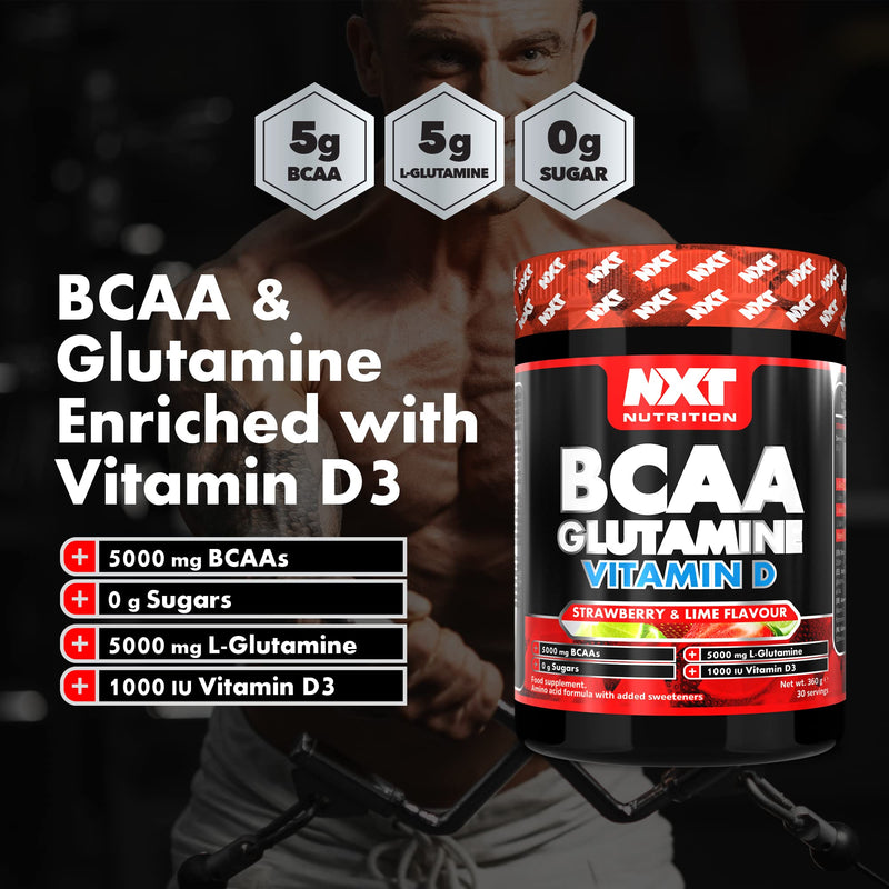 NXT Nutrition BCAA, Glutamine & Vitamin D | BCAAs Amino Acids with Vitamin D3 and L-Glutamine - for Recovery, Gut Health and Muscle Protein Synthesis | 360g - 30 Servings (Strawberry Lime) - BeesActive Australia