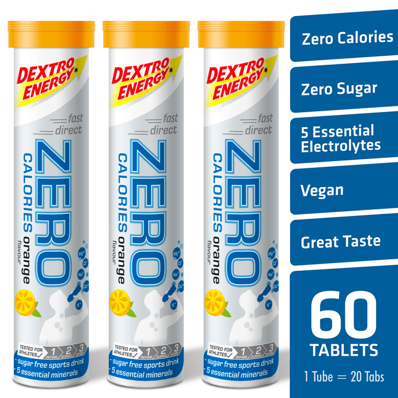 Dextro Energy Zero Calories I Recovery and Hydration Electrolyte Drink I Zero Effervescent Tablets I Orange | 3 Tubes, 60 Tablets | - BeesActive Australia