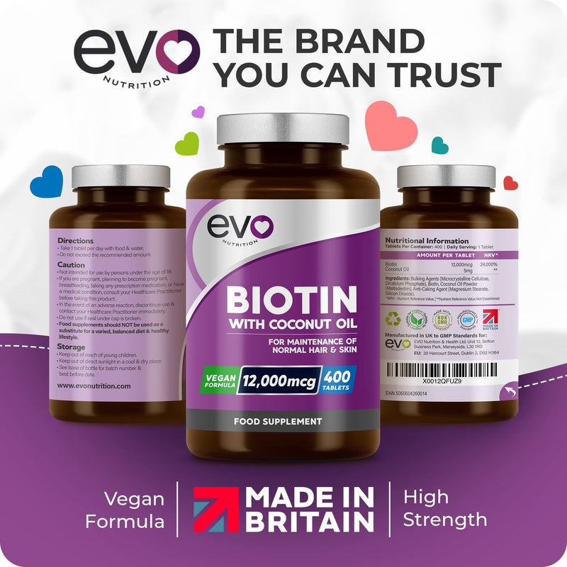 Biotin Hair Growth Supplement 12,000mcg with Coconut Oil | 400 High Strength Biotin Tablets for Hair - 13 Month Supply | Vitamin B7 | Supports Normal Skin & Hair Growth | Made in UK by EVO Nutrition - BeesActive Australia