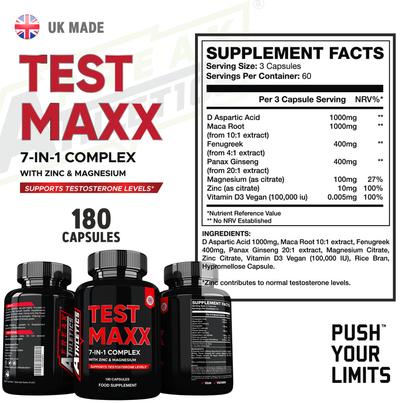 Test Maxx Booster for Men - Supplements for Men 180 Capsules - 7 Powerful Active Ingredients & Vitamins Including Zinc, Maca Root Extract, Fenugreek, Ginseng - Made in The UK - BeesActive Australia