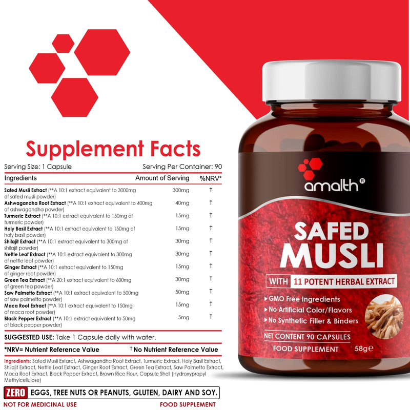 Safed Musli Extract Supreme Quality, High Potency Added Piperine to Boost Absorption, 5750mg Extra Strength with 11 Potent Herbs Support Boost Stamina & Muscle Building 90 Veg Capsule-Amalth - BeesActive Australia