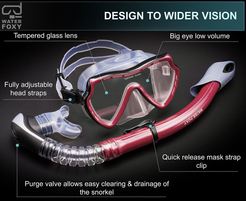 [AUSTRALIA] - WATER FOXY Snorkel Set with Diving mask and Dry Snorkel - Single Lens Swim mask with Anti-Fog Protection and Tube with Purge Valve Anti-Splash Guard for Kid, Youth and Adult Divers Vinous 