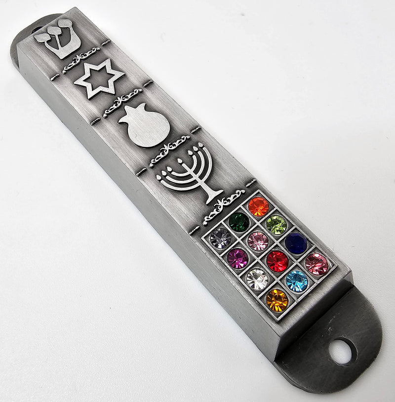 Pewter Mezuzah Case with Scroll for Door 3D Jewish Star of David Jerusalem Menorah 12 Tribes of Israel Mezuza Judaica Gift 10 cm / 4 inch - BeesActive Australia