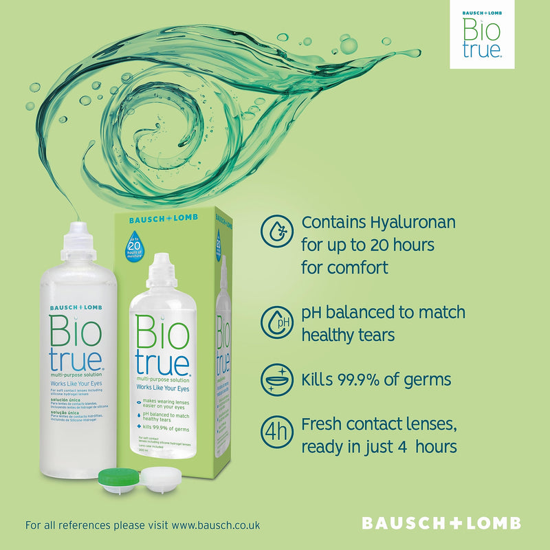 Biotrue Multi-Purpose Contact Lens Solution, 300 ml - Cushions and Rehydrates Soft Contact Lenses for Comfortable Wear - Condition, Clean, Remove Protein, Disinfect and Rinse - Includes Lens Case Pack of 1 Single - BeesActive Australia