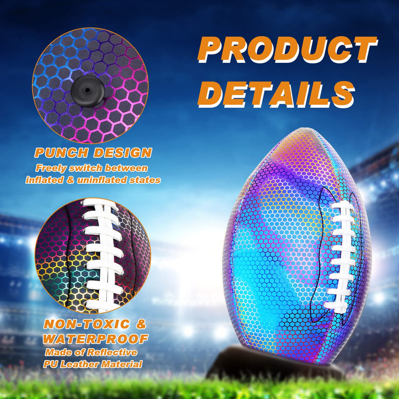 2 Pcs Holographic Reflective Football Glowing Rugby Ball Luminous PU American Football Toy Reflective in The Dark Football Camera Flash Light up Football for Night Indoor Outdoor Games Training - BeesActive Australia
