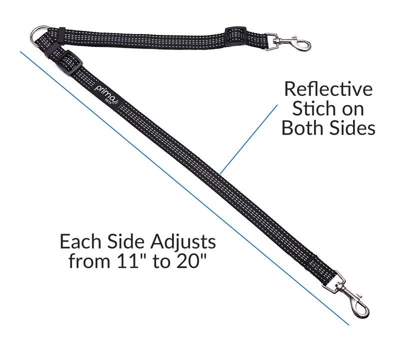 Prima Pets No Tangle Reflective Adjustable Double Dog Coupler - Each Side Adjusts 11" to 20" in Length - Walk 2 Dogs with Ease! MEDIUM - 3/4" Width BLACK - BeesActive Australia