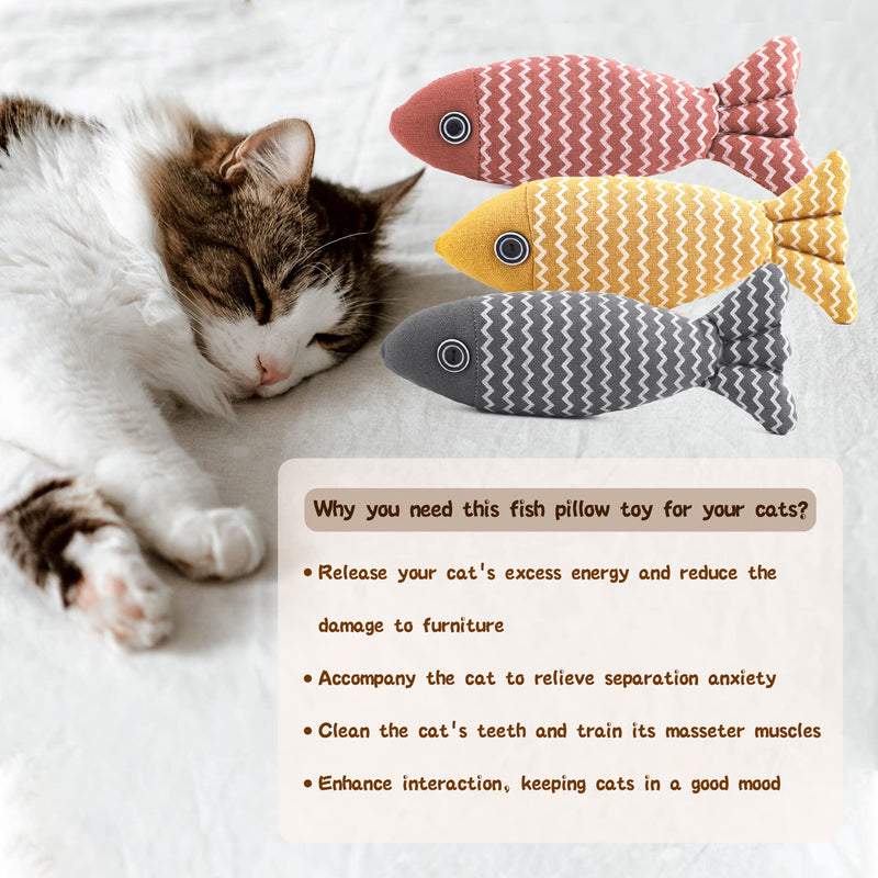 Homelifthub Cat Pillow Toy for Indoor Cats Fluffy Cat Calming Toy, Soft Cat Catnip Toys Pillow, Linen Chew Kitten Toy, Cute Fish Pillow for Cat Sleeping 3pack (red+yellow+grey) - BeesActive Australia