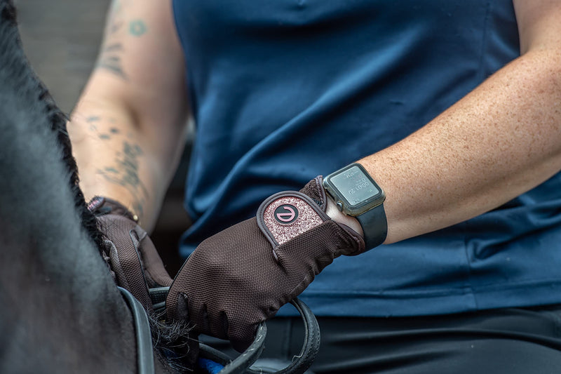 eGlove - eQUEST GripPro X-LITE Horse Riding Gloves - Lightweight, Breathable, Grippy Non-Slip Material - Comfort Mesh Back - Touchscreen Gloves Small Brown - Rose Gold Glitter Cuff - BeesActive Australia