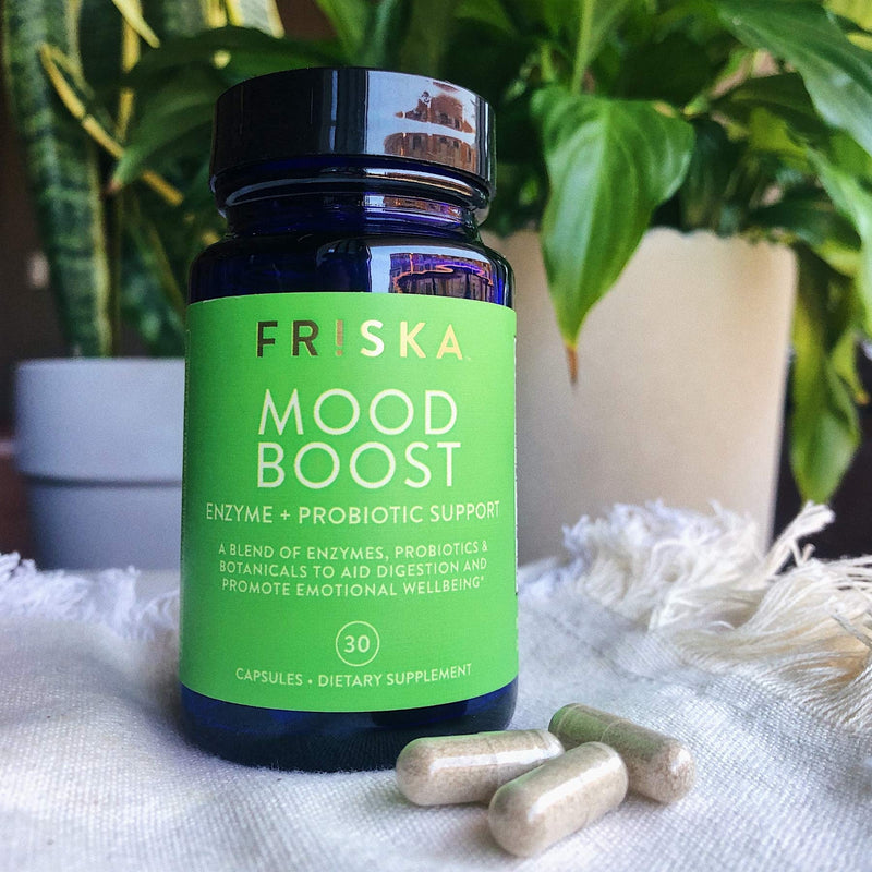 FRISKA Mood Boost | Digestive Enzyme and Probiotic Supplement with L.Theanine and Lemon Balm Extract | Natural Anxiety & Stress Support | 30 Capsules - BeesActive Australia
