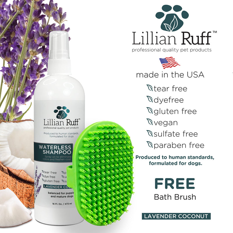 Lillian Ruff Waterless No-Rinse Dog Dry Shampoo Spray with Hydrating Essential Oils - pH-Balanced Dry Shampoo for Dogs - Clean, Condition, Detangle & Deodorize Dry, Sensitive Skin Lavender Coconut With Bath Brush - BeesActive Australia