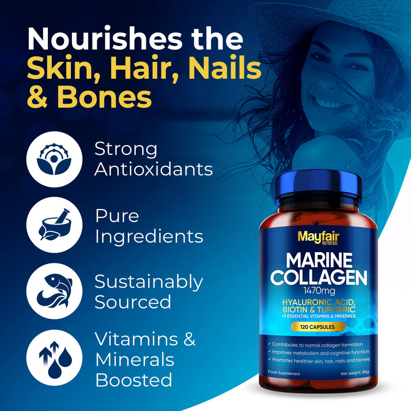 Marine Collagen Tablets - 120 High Strength Capsules - 1470mg Complex with Hyaluronic Acid, Biotin, Turmeric, Vitamin C, E, B2, D3 & 3 Minerals - Hydrolyzed Collagen Supplements for Women - Made in UK 120 Count (Pack of 1) - BeesActive Australia