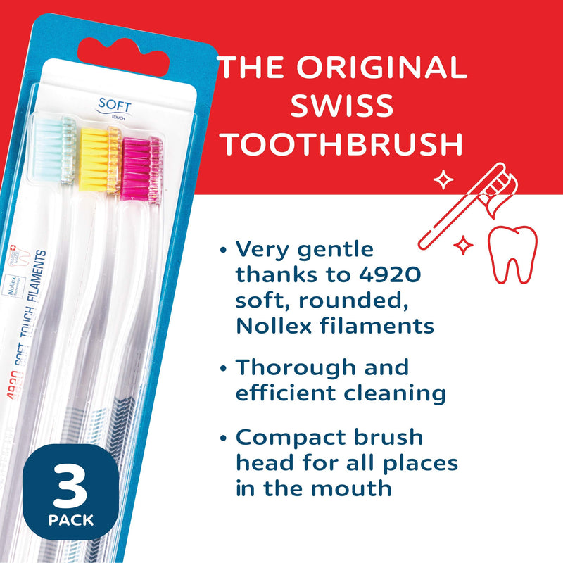 Tello 4920 Adult Soft Swiss Toothbrush for Gentle Cleaning with Ergonomic Handle, 3 Count - BeesActive Australia