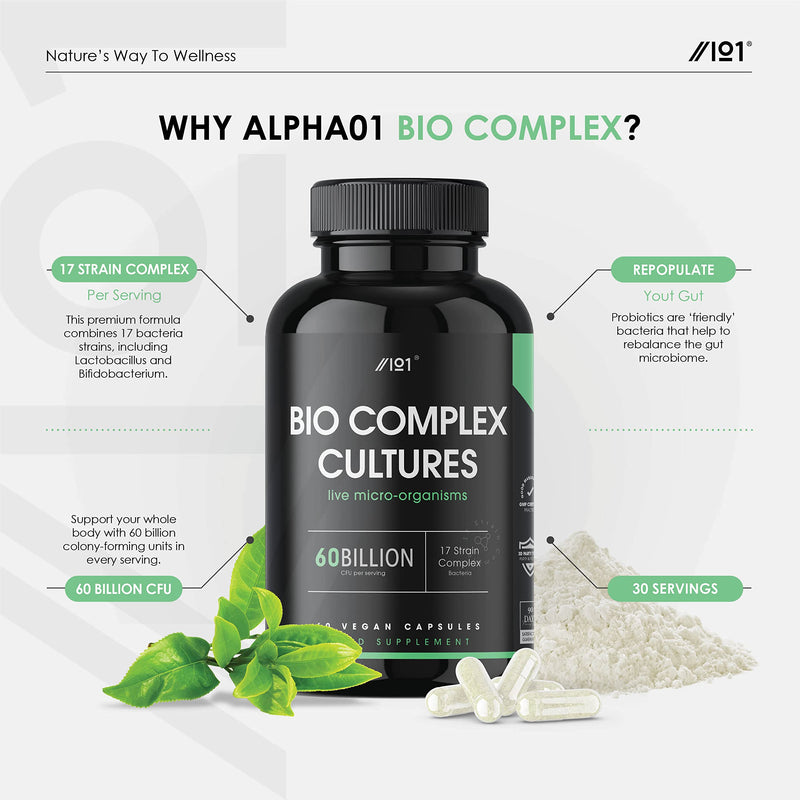 BioCultures Complex - 17 Live Strains with 60 Billion CFU Probiotics - for Gut Health & Digestive System - Lactobacillus Acidophilus & Bifidobacterium - 60 Capsules 60 Count (Pack of 1) - BeesActive Australia