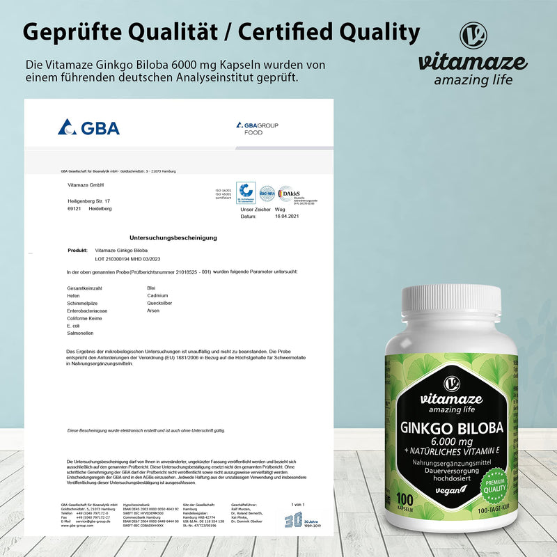 Ginkgo Biloba Capsules 6000mg with Acai, L-Carnitine and Vitamin E - 100 Days Supply - Booster for Learning and Memory - Gingko Biloba Extract 50:1 - Supplement Without Additives Ginkgo Biloba Complex - BeesActive Australia
