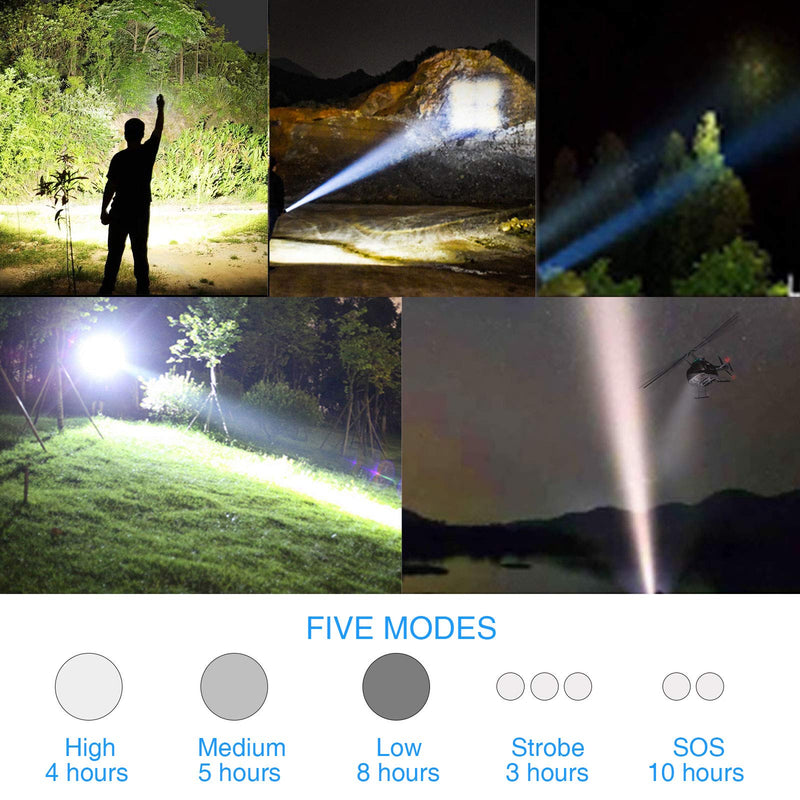 Rechargeable Led Flashlight, 10000 Lumens Super Bright Flashlights High Lumens tactical Flashlights with 26650 Batteries Included, Zoomable, 5 Modes, Waterproof Flashlight for Emergencies, Camping - BeesActive Australia